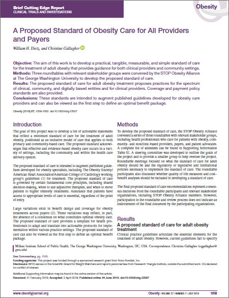 A Proposed Standard of Obesity Care for All Providers and Payers cover- Proposed Standard of Obesity Care... report