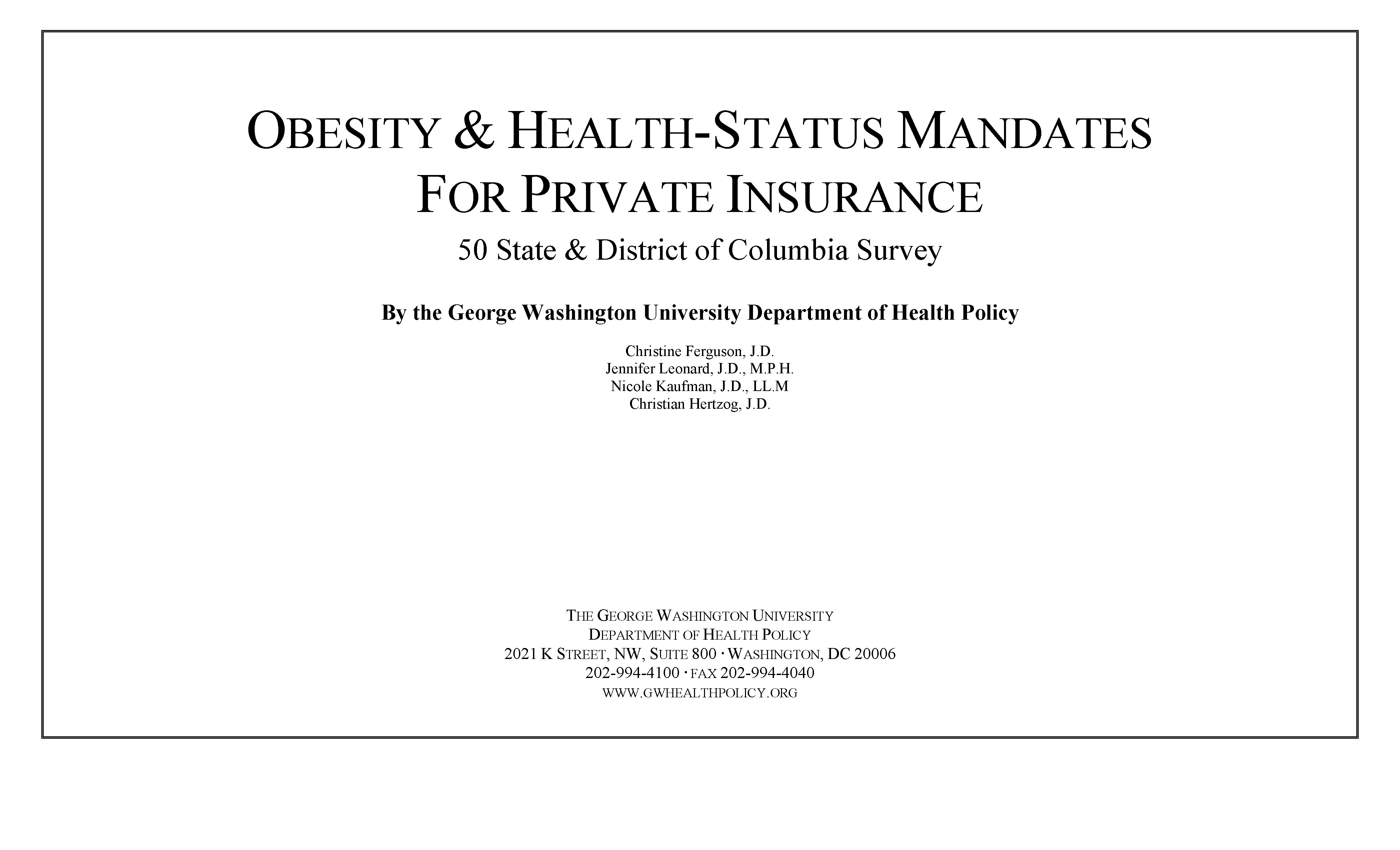 Survey of Obesity & Health-Status Mandates by state for Private Insurance (2010) cover