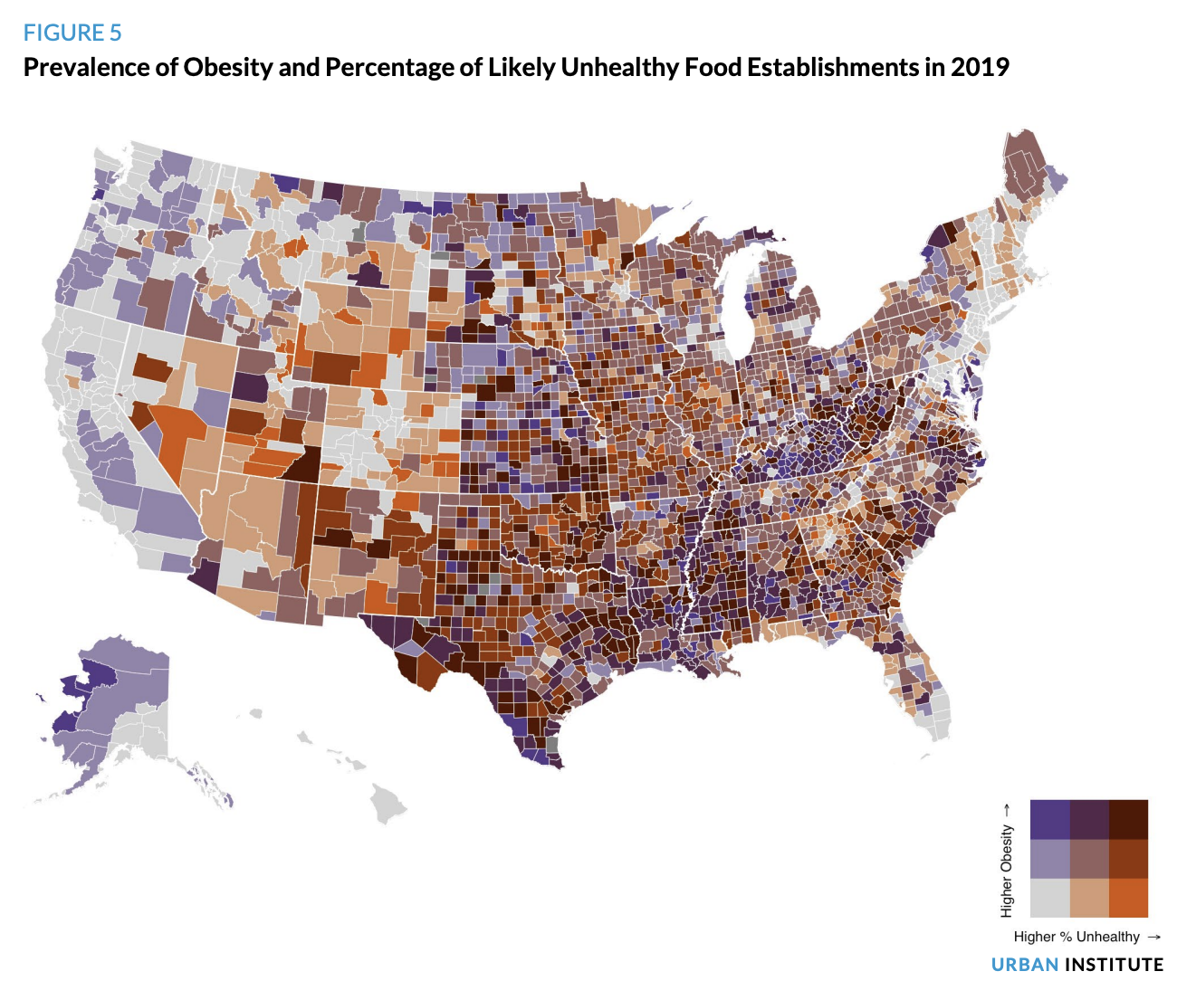 Prevalence of Obesity and Percentage of Likely Unhealthy Food Establishments in 2019