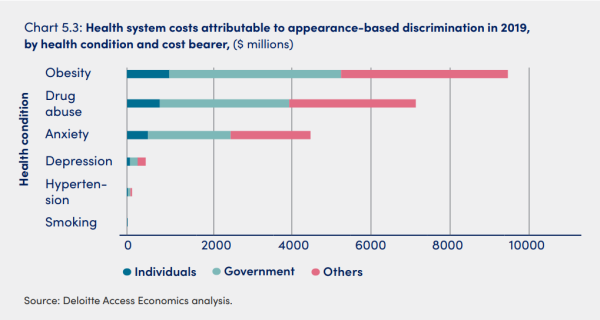 Bar graph that displays the health system costs attributable to appearance-based discrimination in 2019, by health condition and cost bearer